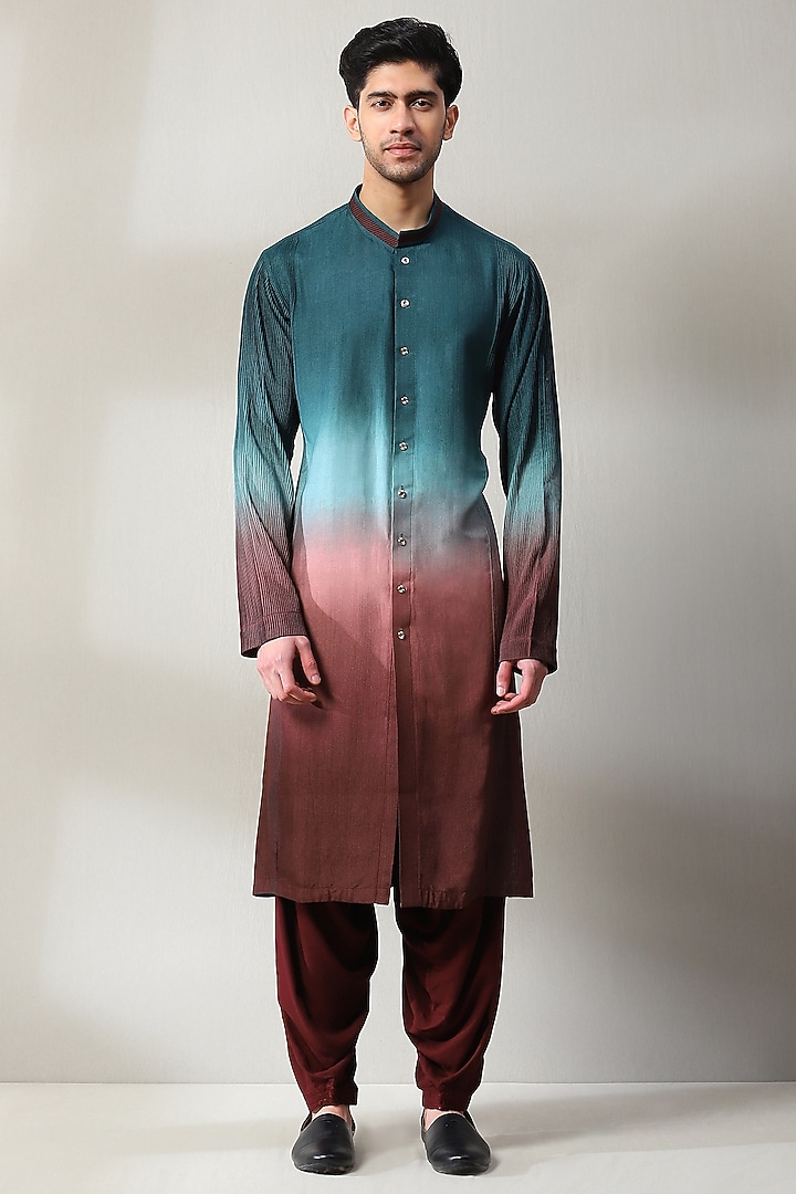 Multi-Colored Handloom Foil Printed Wedding Indowestern Set by Soniya G Men at Pernia's Pop Up Shop