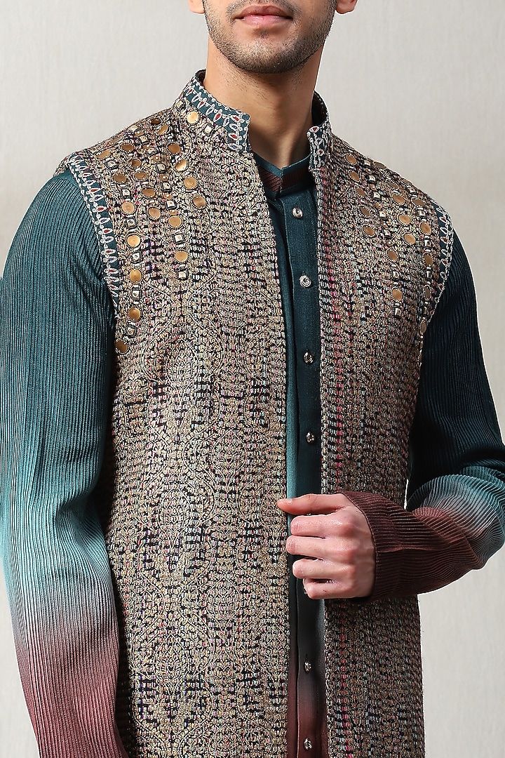 Multi-Colored Handloom Foil Printed Wedding Indowestern Set by Soniya G Men at Pernia's Pop Up Shop