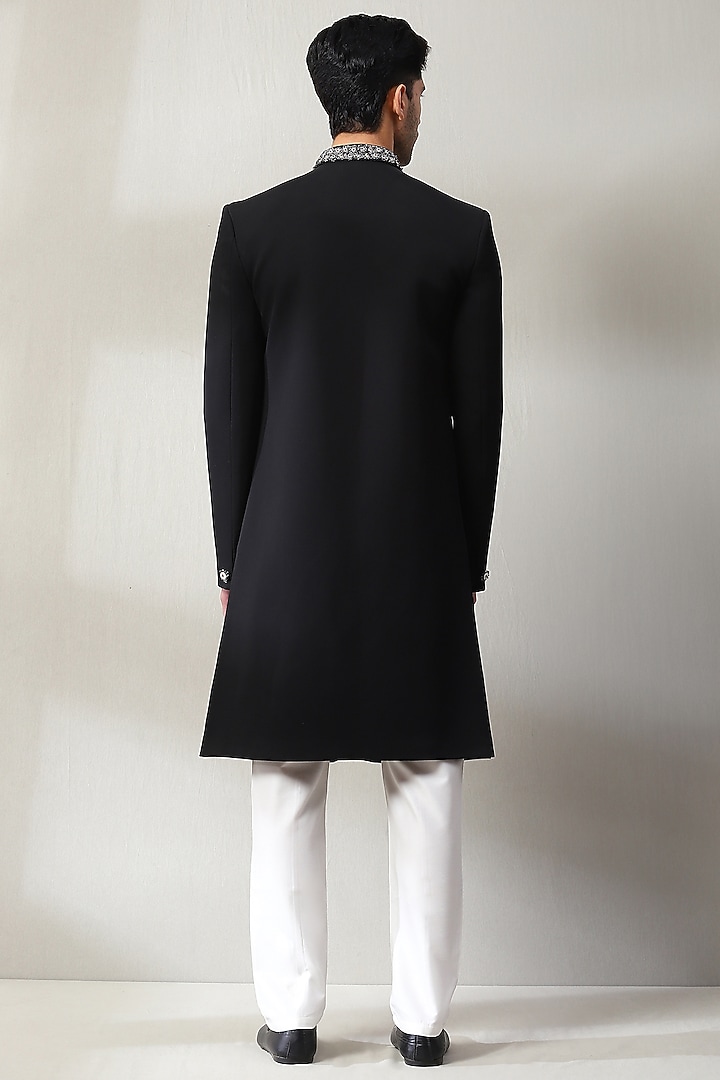 Black Dublin Fabric Hand Embroidered Wedding Indowestern Set by Soniya G Men at Pernia's Pop Up Shop