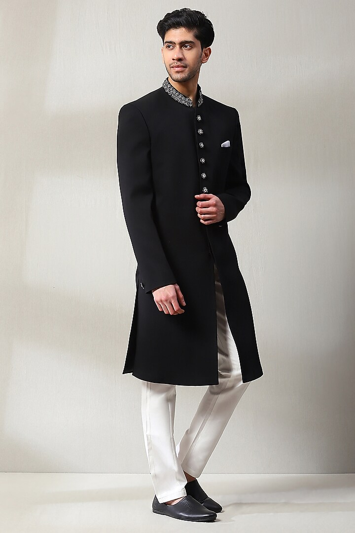 Black Dublin Fabric Hand Embroidered Wedding Indowestern Set by Soniya G Men at Pernia's Pop Up Shop