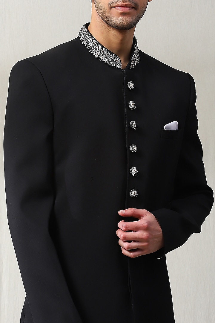 Black Dublin Fabric Hand Embroidered Wedding Indowestern Set by Soniya G Men at Pernia's Pop Up Shop