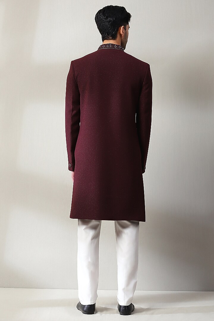 Wine Dublin Fabric Hand Embroidered Wedding Indowestern Set by Soniya G Men at Pernia's Pop Up Shop