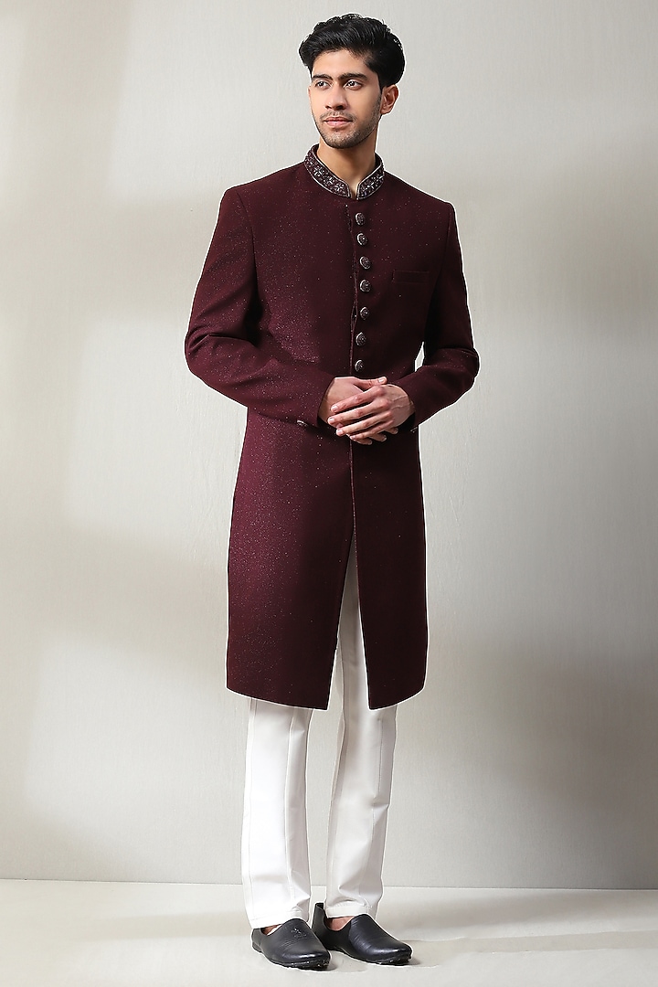 Wine Dublin Fabric Hand Embroidered Wedding Indowestern Set by Soniya G Men at Pernia's Pop Up Shop
