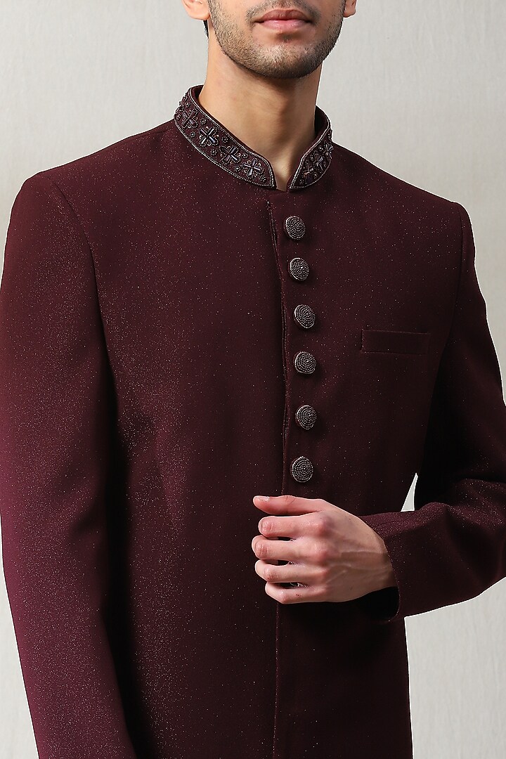 Wine Dublin Fabric Hand Embroidered Wedding Indowestern Set by Soniya G Men at Pernia's Pop Up Shop