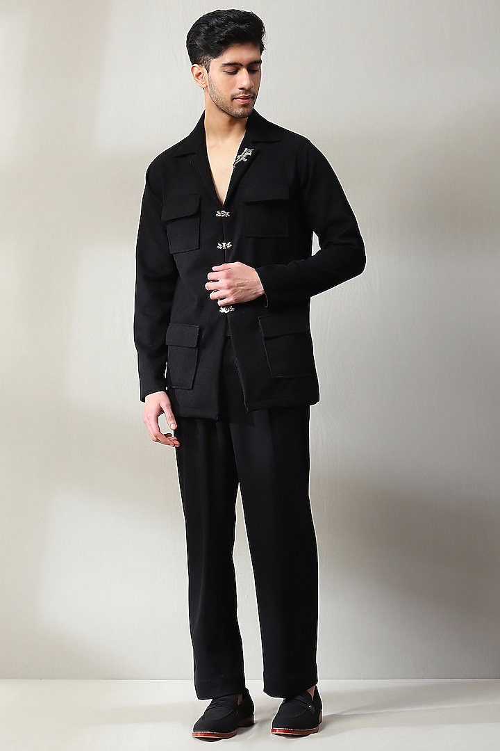 Black Corduroy Velvet Swarovski Embellished Co-Ord Set by Soniya G Men