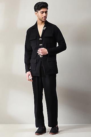 Black Corduroy Velvet Swarovski Embellished Co-Ord Set by Soniya G Men