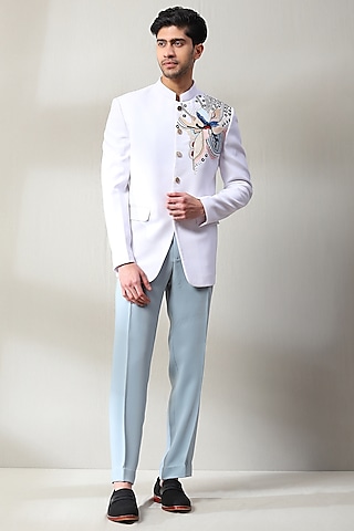 White Imported Fabric Hand Embellished Jodhpuri Set by Soniya G Men