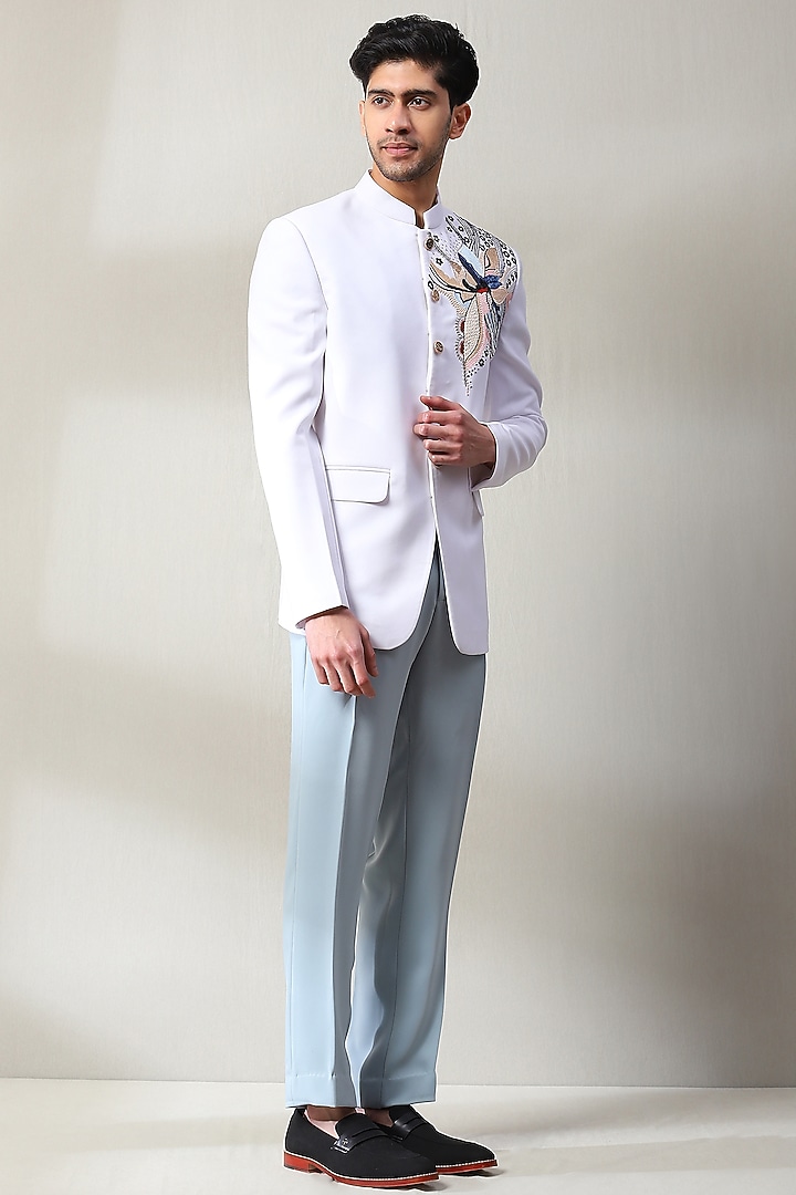 White Imported Fabric Hand Embellished Jodhpuri Set by Soniya G Men at Pernia's Pop Up Shop