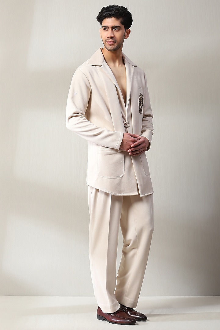 Ivory Corduroy Velvet Swarovski Embellished Co-Ord Set by Soniya G Men at Pernia's Pop Up Shop