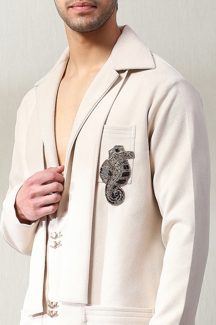 Ivory Corduroy Velvet Swarovski Embellished Co-Ord Set by Soniya G Men at Pernia's Pop Up Shop