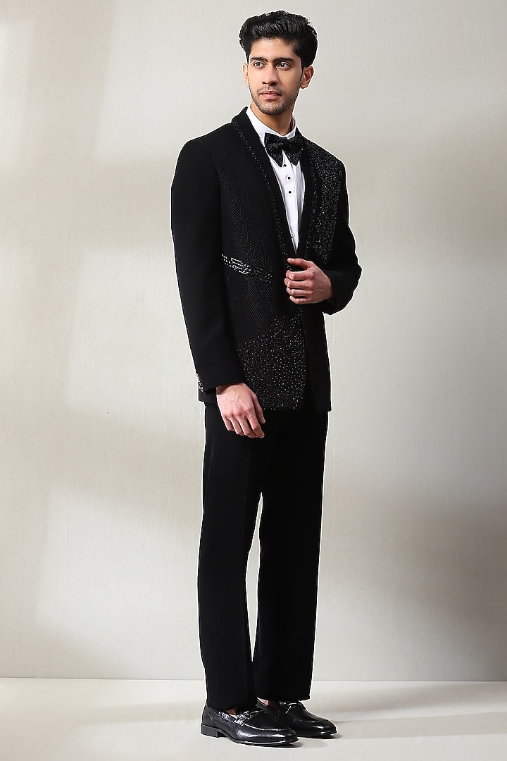 Black Imported Fabric Bead Handwork Tuxedo Set by Soniya G Men at Pernia's Pop Up Shop
