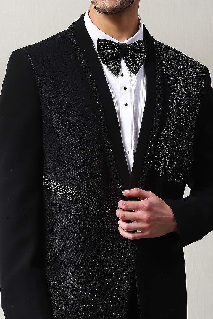 Black Imported Fabric Bead Handwork Tuxedo Set by Soniya G Men at Pernia's Pop Up Shop