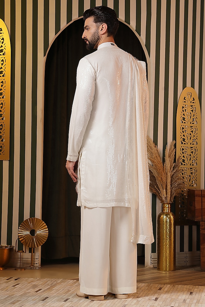 Off-White Sequin Georgette Embroidered Kurta Set by Soniya G Men at Pernia's Pop Up Shop