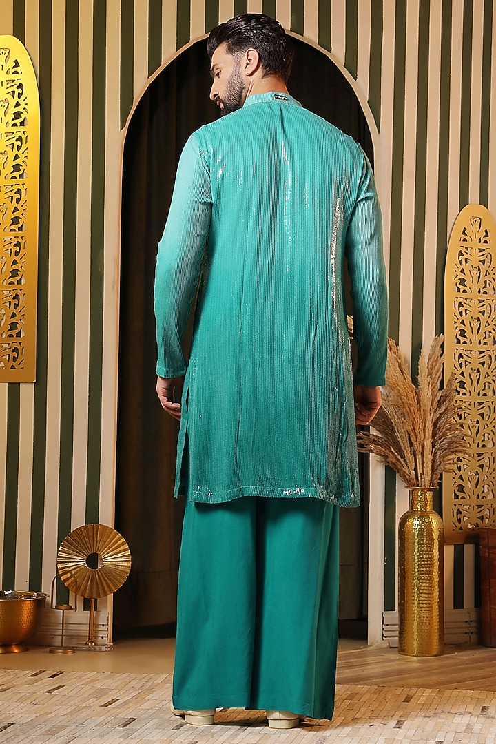 Turquoise Sequin Georgette Hand Embroidered Kurta Set by Soniya G Men at Pernia's Pop Up Shop