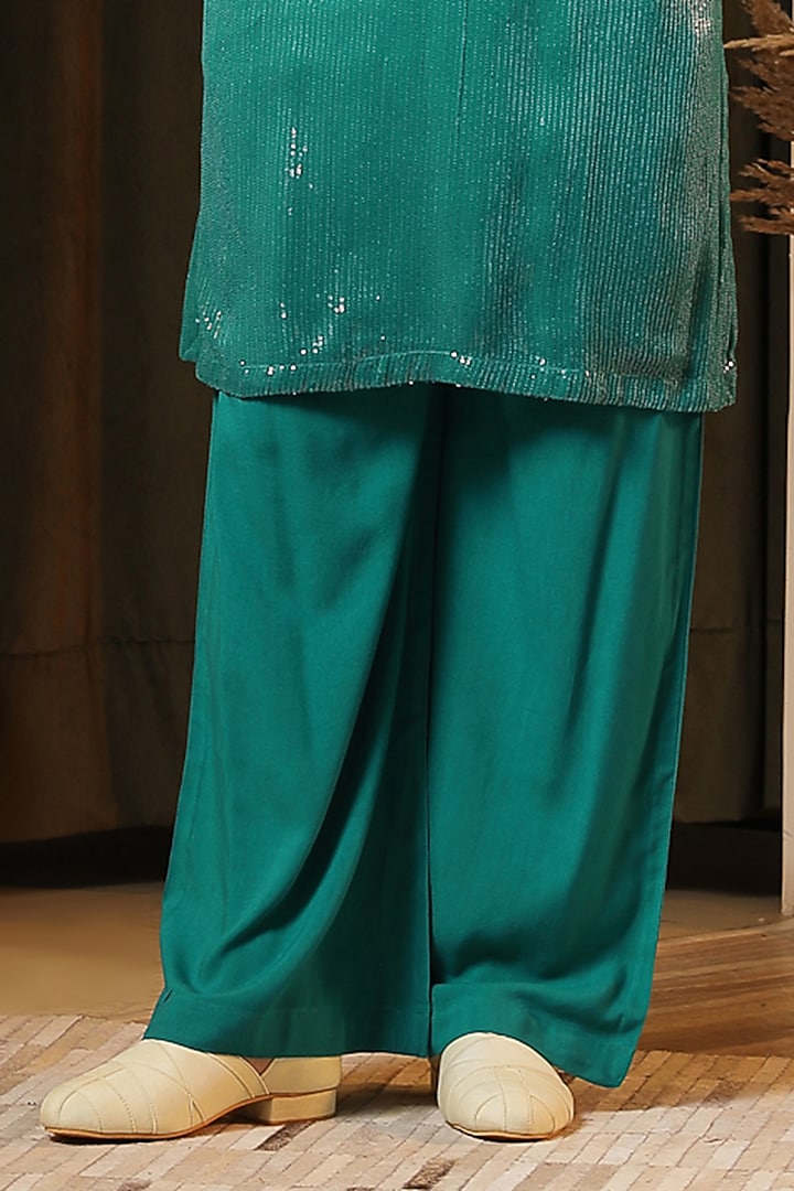 Turquoise Sequin Georgette Hand Embroidered Kurta Set by Soniya G Men at Pernia's Pop Up Shop
