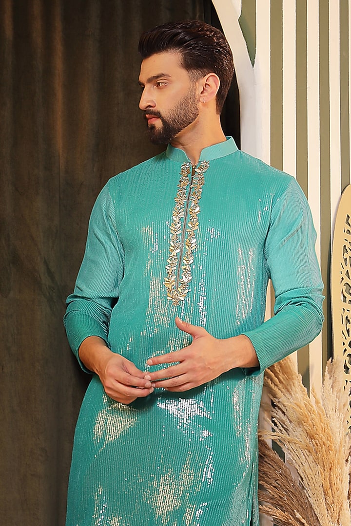 Turquoise Sequin Georgette Hand Embroidered Kurta Set by Soniya G Men at Pernia's Pop Up Shop