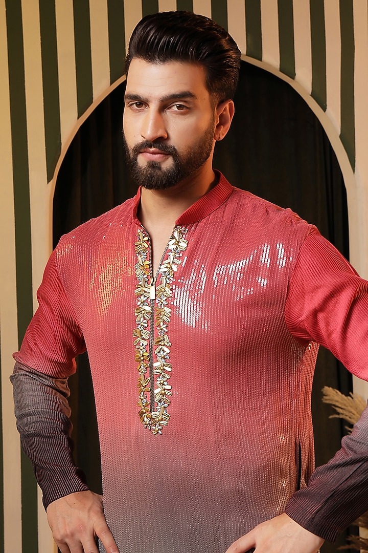 Crimson-Charcoal Sequin Georgette Embellished Kurta Set by Soniya G Men at Pernia's Pop Up Shop