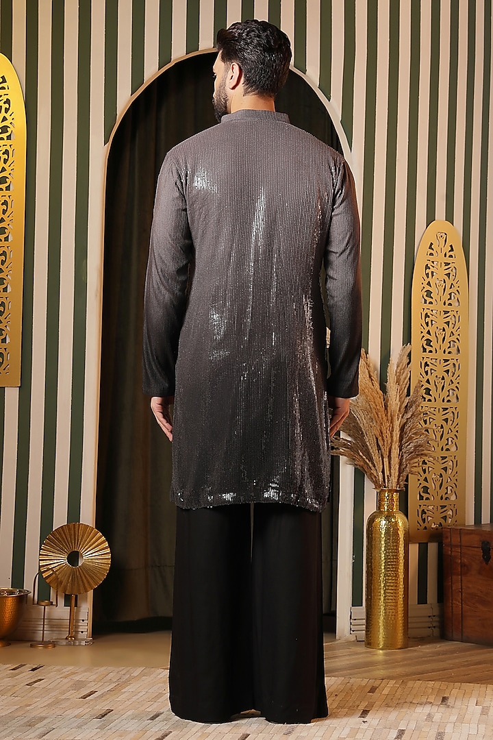 Charcoal-Black Sequin Georgette Mirror Metalwork Kurta Set by Soniya G Men at Pernia's Pop Up Shop