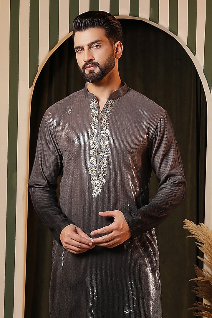 Charcoal-Black Sequin Georgette Mirror Metalwork Kurta Set by Soniya G Men at Pernia's Pop Up Shop