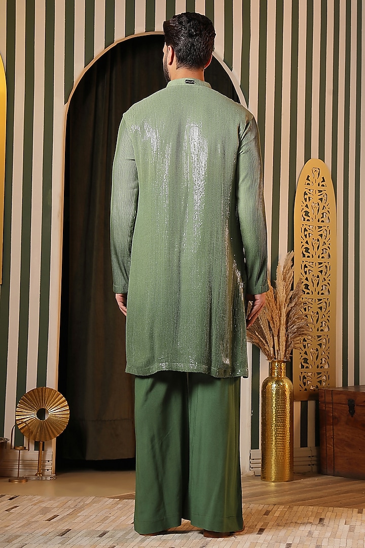 Green Sequin Georgette Embroidered Kurta Set by Soniya G Men at Pernia's Pop Up Shop