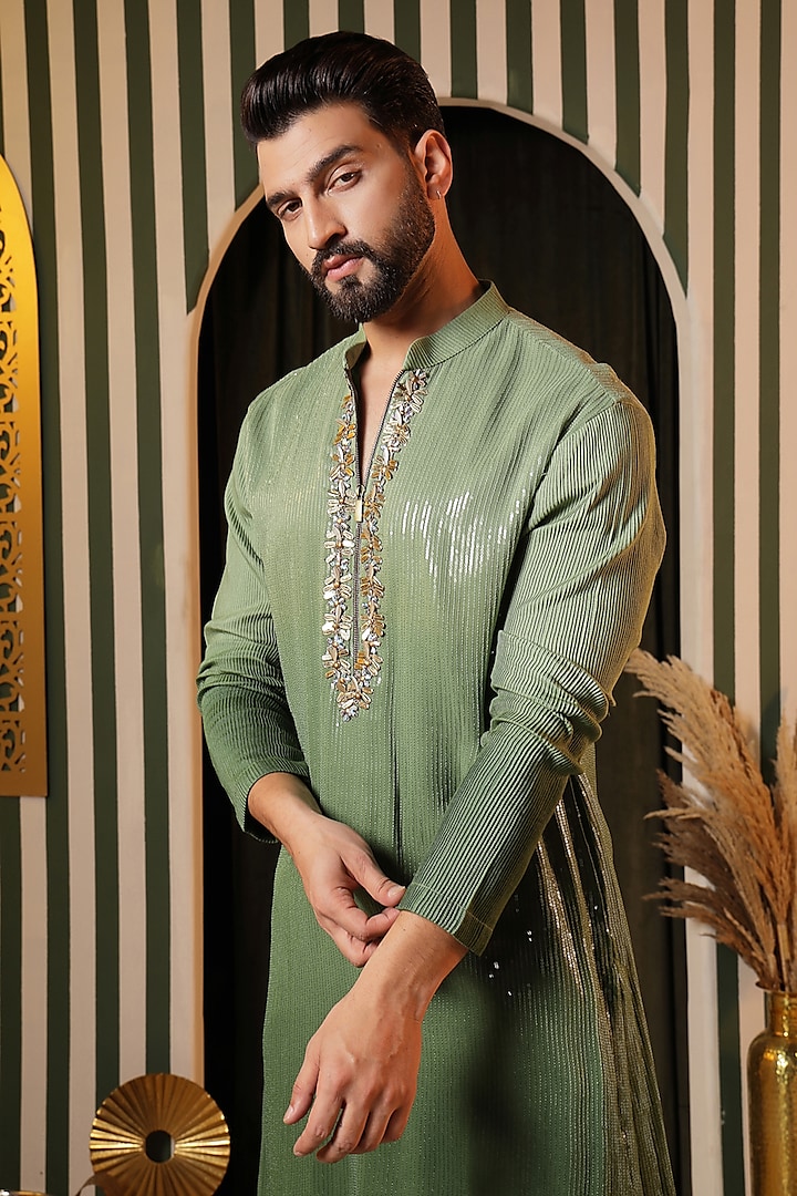 Green Sequin Georgette Embroidered Kurta Set by Soniya G Men at Pernia's Pop Up Shop
