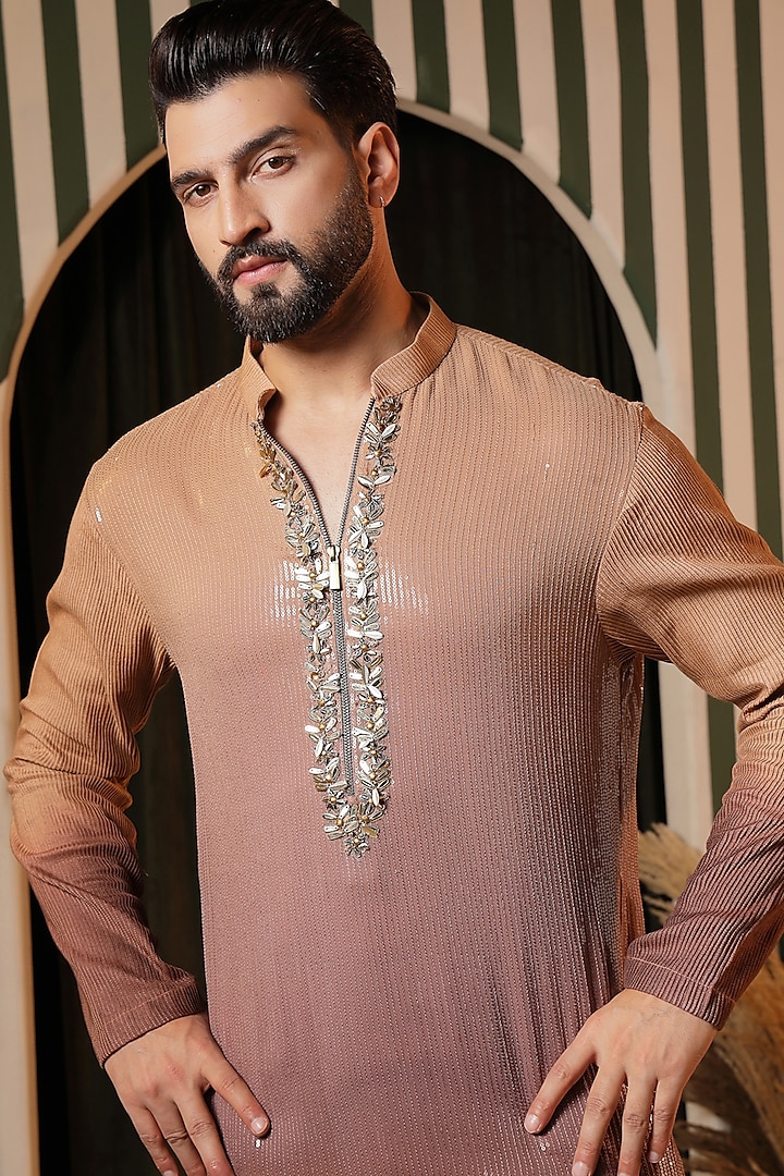 Rose Pink Sequin Georgette Thread Embroidered Kurta Set by Soniya G Men at Pernia's Pop Up Shop