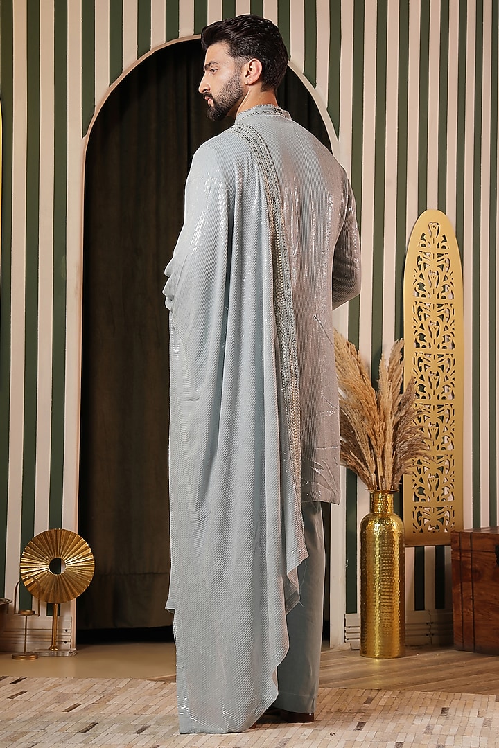 Ice Blue Sequins Georgette Mirror Work Kurta Set by Soniya G Men at Pernia's Pop Up Shop