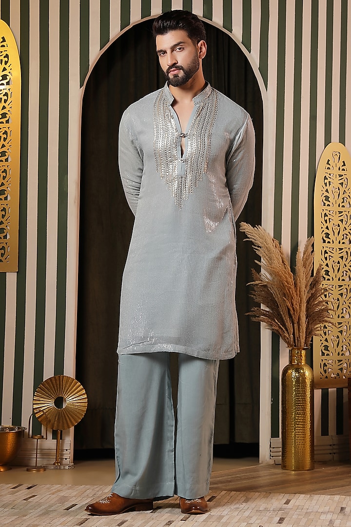 Ice Blue Sequins Georgette Mirror Work Kurta Set by Soniya G Men at Pernia's Pop Up Shop