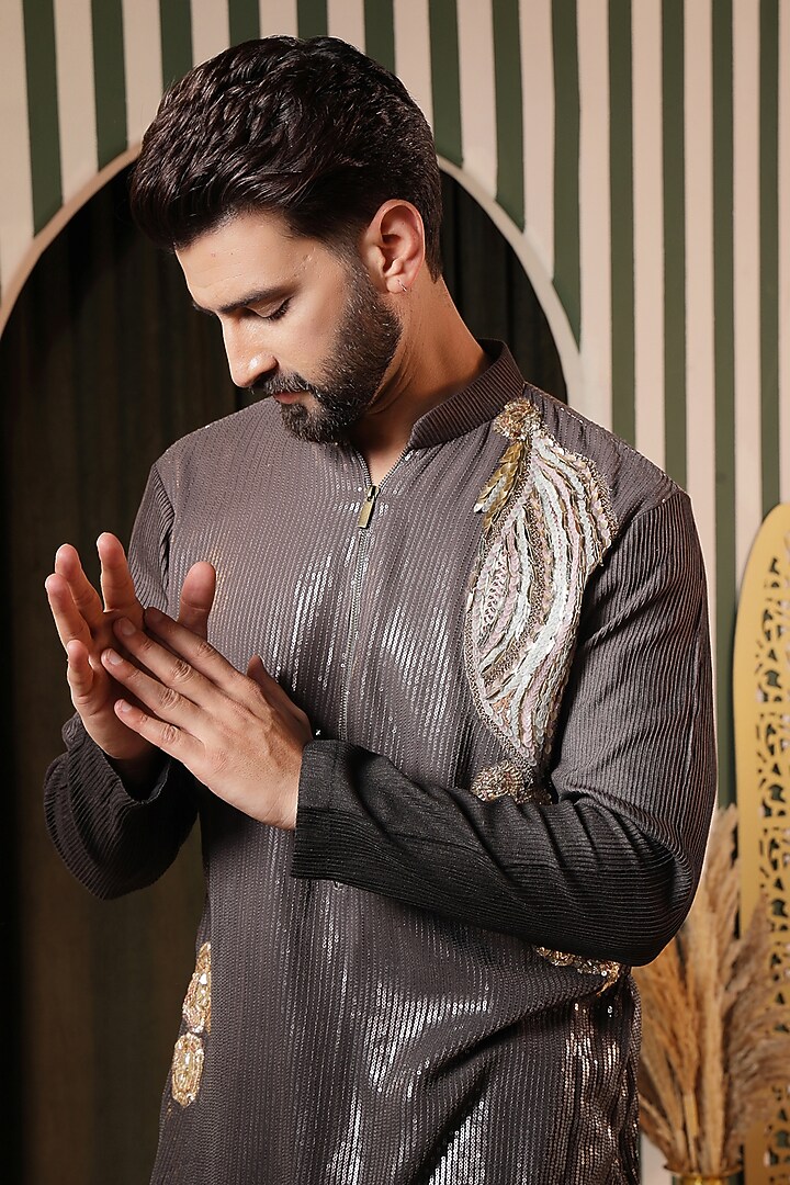 Midnight Black Sequins Georgette Embroidered Kurta Set by Soniya G Men at Pernia's Pop Up Shop