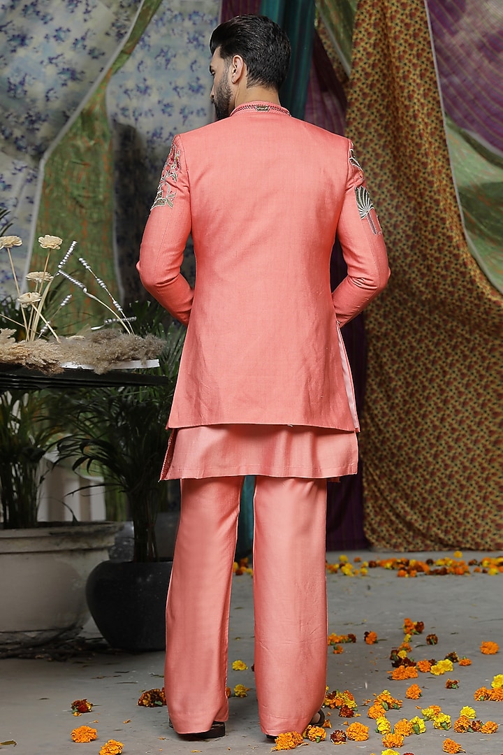 Pink Handloom Silk Printed & Floral Embroidered Long Jacket Set by Soniya G Men at Pernia's Pop Up Shop