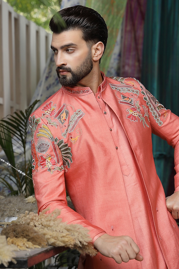 Pink Handloom Silk Printed & Floral Embroidered Long Jacket Set by Soniya G Men at Pernia's Pop Up Shop