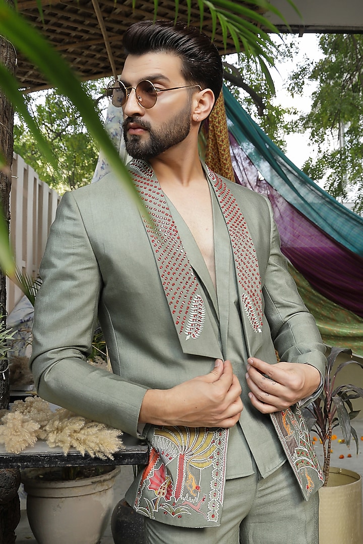Sage Green Handloom Silk Printed & Hand Embroidered Jacket Set by Soniya G Men at Pernia's Pop Up Shop