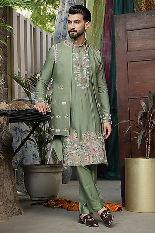 Green Handloom Silk Printed & Threadwork Indowestern Jacket Set by Soniya G Men