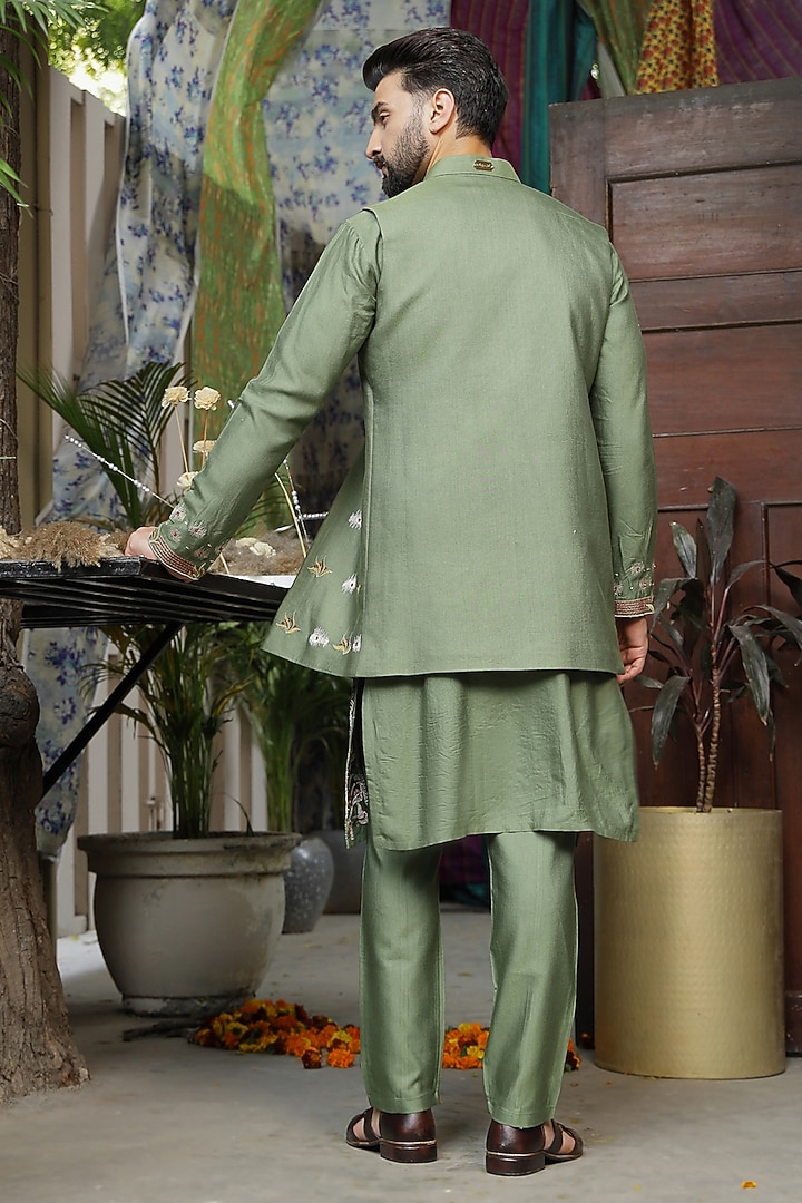 Green Handloom Silk Printed & Threadwork Wedding Indowestern Jacket Set by Soniya G Men at Pernia's Pop Up Shop