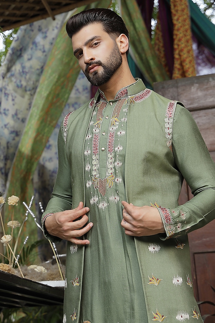 Green Handloom Silk Printed & Threadwork Wedding Indowestern Jacket Set by Soniya G Men at Pernia's Pop Up Shop