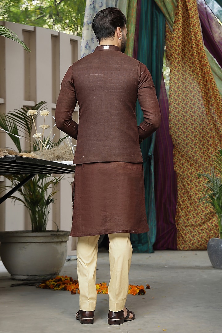 Deep Brown Handloom Silk Printed & Thread Embroidered Bundi Jacket Set by Soniya G Men at Pernia's Pop Up Shop
