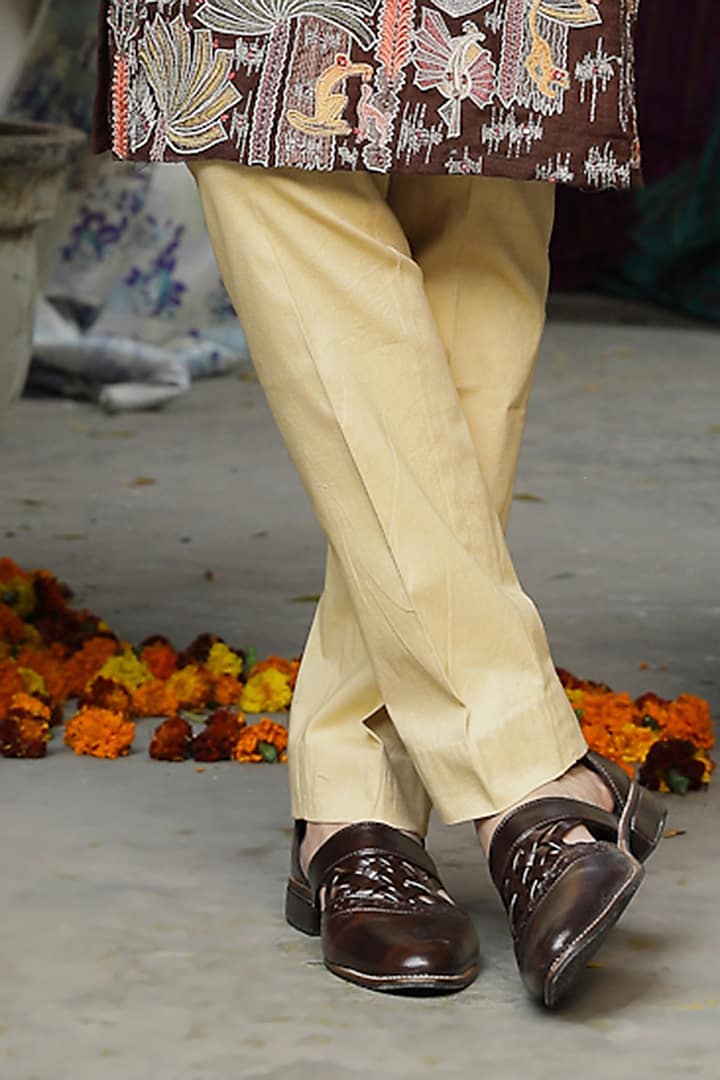 Deep Brown Handloom Silk Printed & Thread Embroidered Bundi Jacket Set by Soniya G Men at Pernia's Pop Up Shop