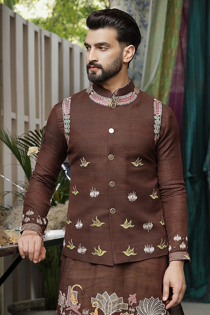 Deep Brown Handloom Silk Printed & Thread Embroidered Bundi Jacket Set by Soniya G Men at Pernia's Pop Up Shop