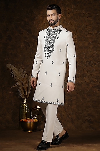 Ivory Japanese Fabric Embroidered Kurta Set by Soniya G Men