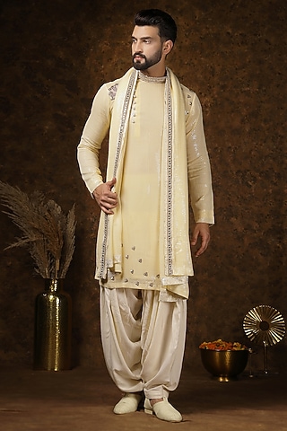 Light Yellow Sequins Georgette Stone Embellished Kurta Set by Soniya G Men
