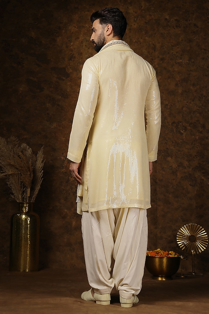Light Yellow Sequins Georgette Stone Embellished Kurta Set by Soniya G Men at Pernia's Pop Up Shop