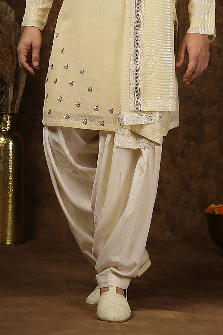 Light Yellow Sequins Georgette Stone Embellished Kurta Set by Soniya G Men at Pernia's Pop Up Shop