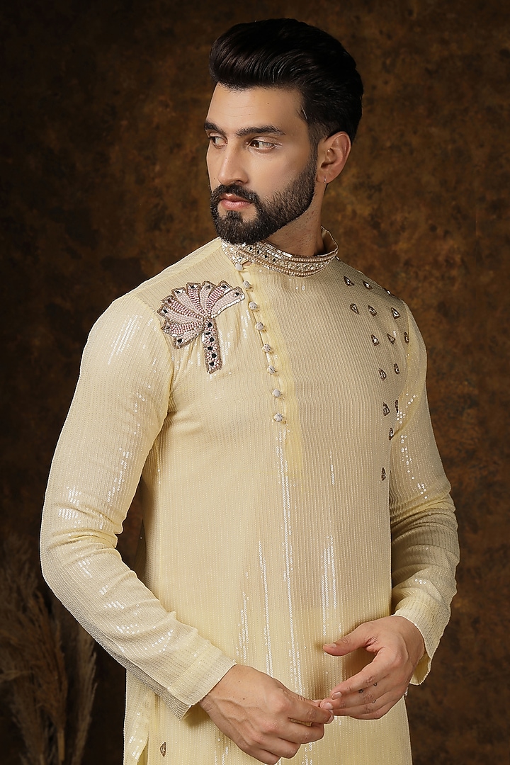 Light Yellow Sequins Georgette Stone Embellished Kurta Set by Soniya G Men at Pernia's Pop Up Shop