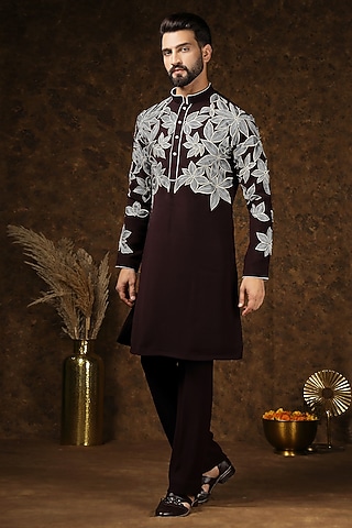 Brown Japanese Fabric Threadwork Kurta Set by Soniya G Men