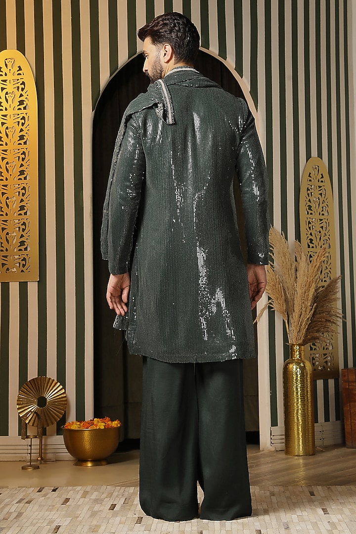 Deep Forest Green Sequins Georgette Embroidered Kurta Set by Soniya G Men at Pernia's Pop Up Shop