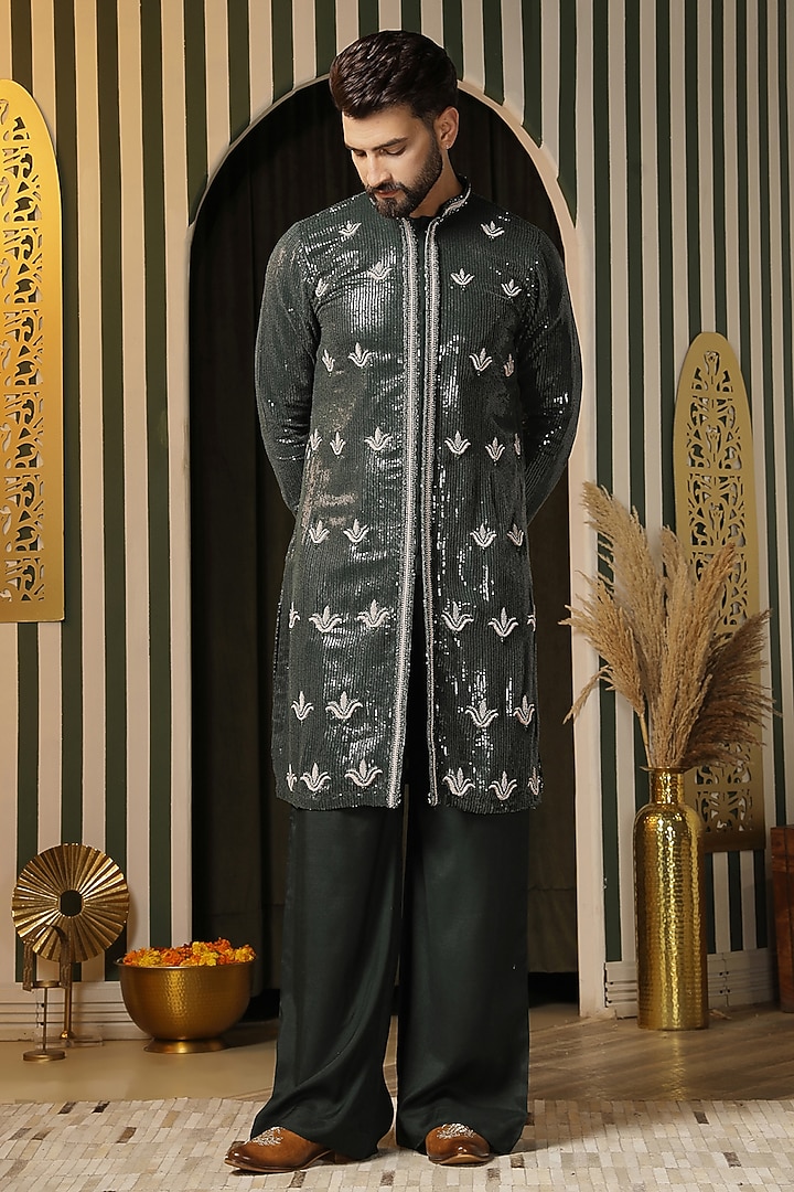 Deep Forest Green Sequins Georgette Embroidered Kurta Set by Soniya G Men at Pernia's Pop Up Shop