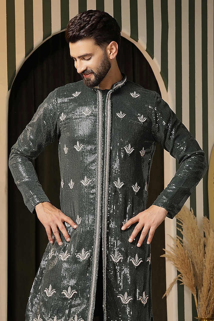 Deep Forest Green Sequins Georgette Embroidered Kurta Set by Soniya G Men at Pernia's Pop Up Shop
