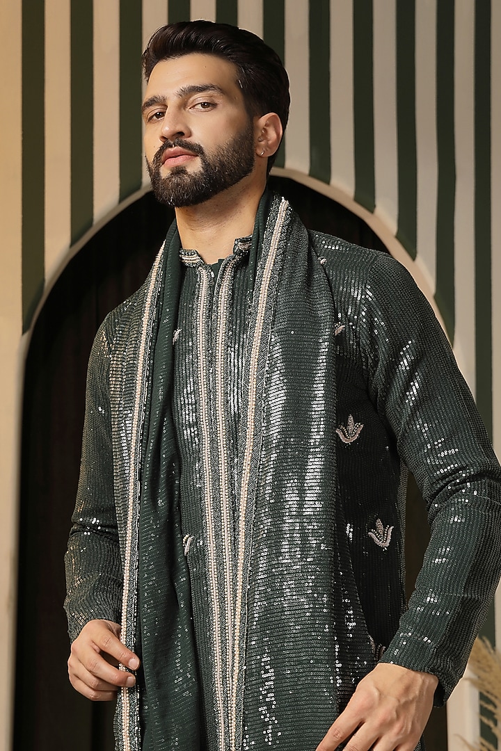 Deep Forest Green Sequins Georgette Embroidered Kurta Set by Soniya G Men at Pernia's Pop Up Shop