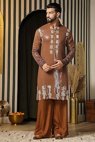 Bronze Gold Sequins Georgette Hand Embroidered Kurta Set by Soniya G Men