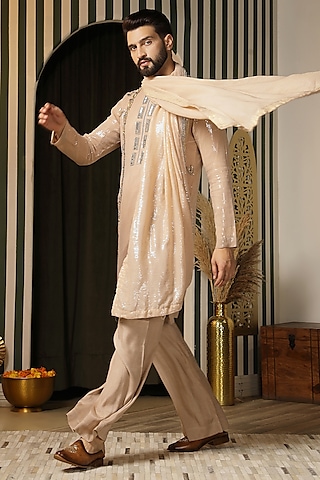 Ivory-Beige Sequins Georgette Embroidered Kurta Set by Soniya G Men